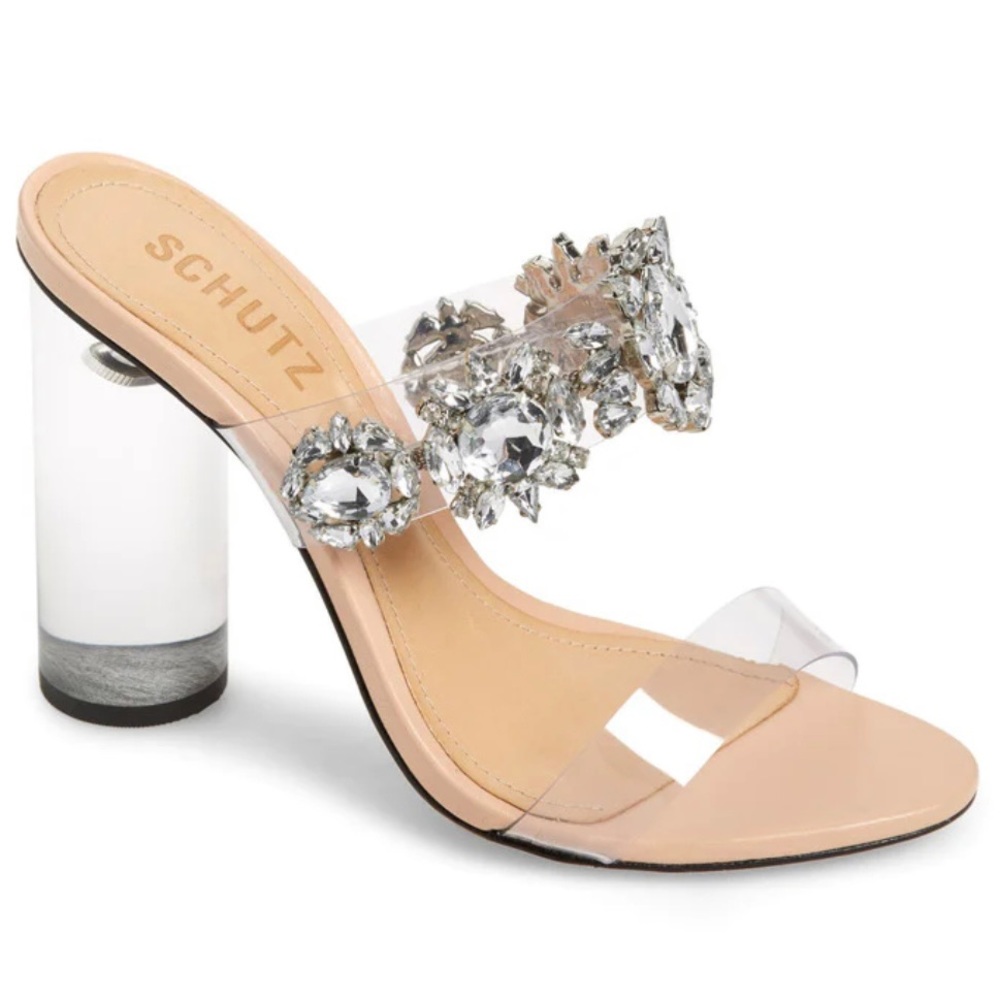 SCHUTZ new in box Blanck crystal rhinestone mule sandal heels size 7 NWT clear